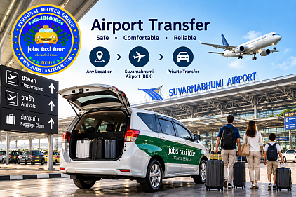 Private airport taxi transfer to Suvarnabhumi Airport (BKK) with sedan, large car and van service from Pattaya and other locations in Thailand.