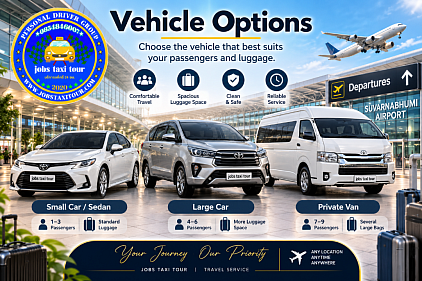 Airport taxi vehicle options including sedan, large car and private van for transfers to Suvarnabhumi Airport from Pattaya.